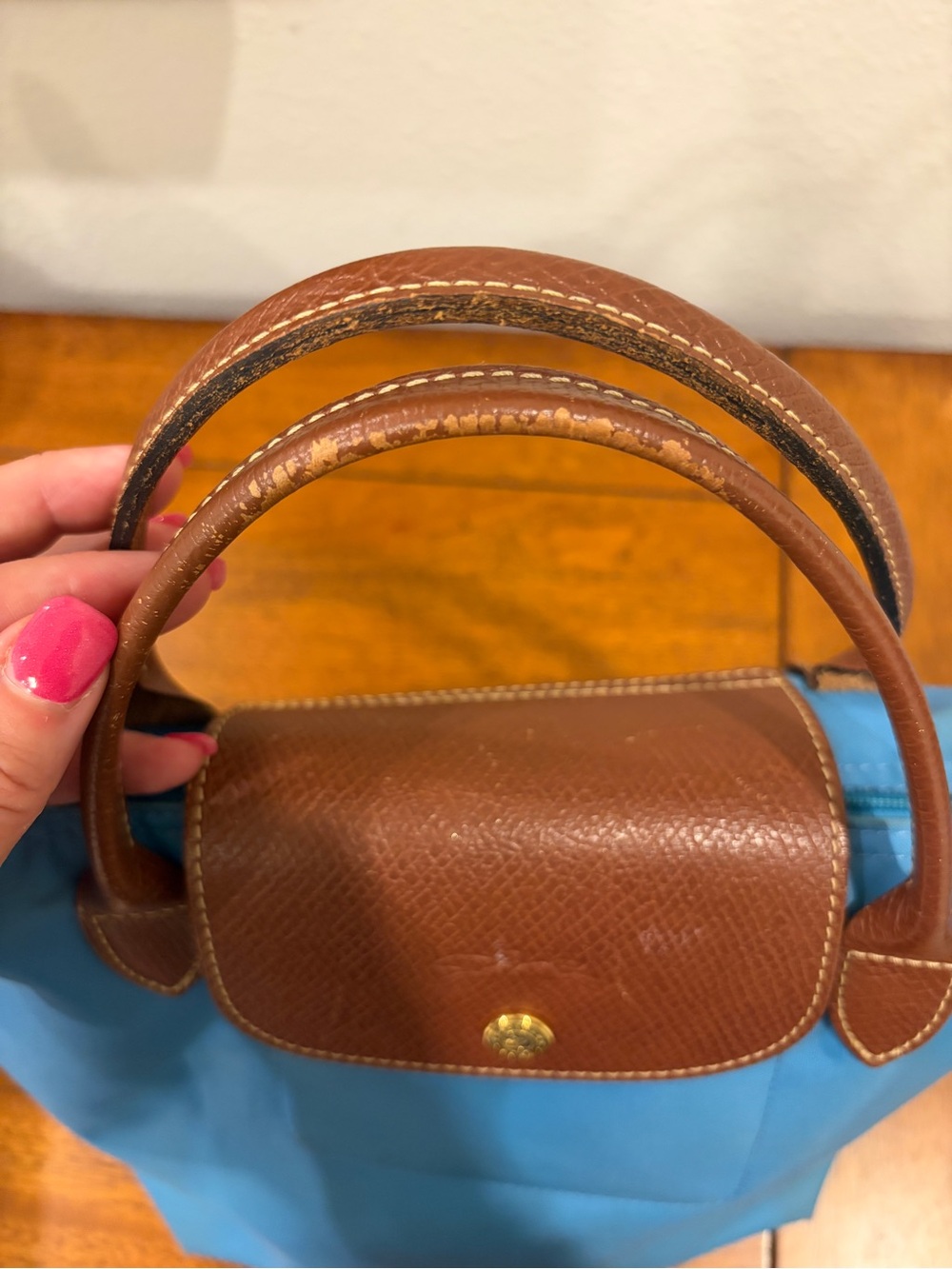 Longchamp Le Pliage S Blue Nylon Satchel with Brown Leather Trim - Picture 4 of 13